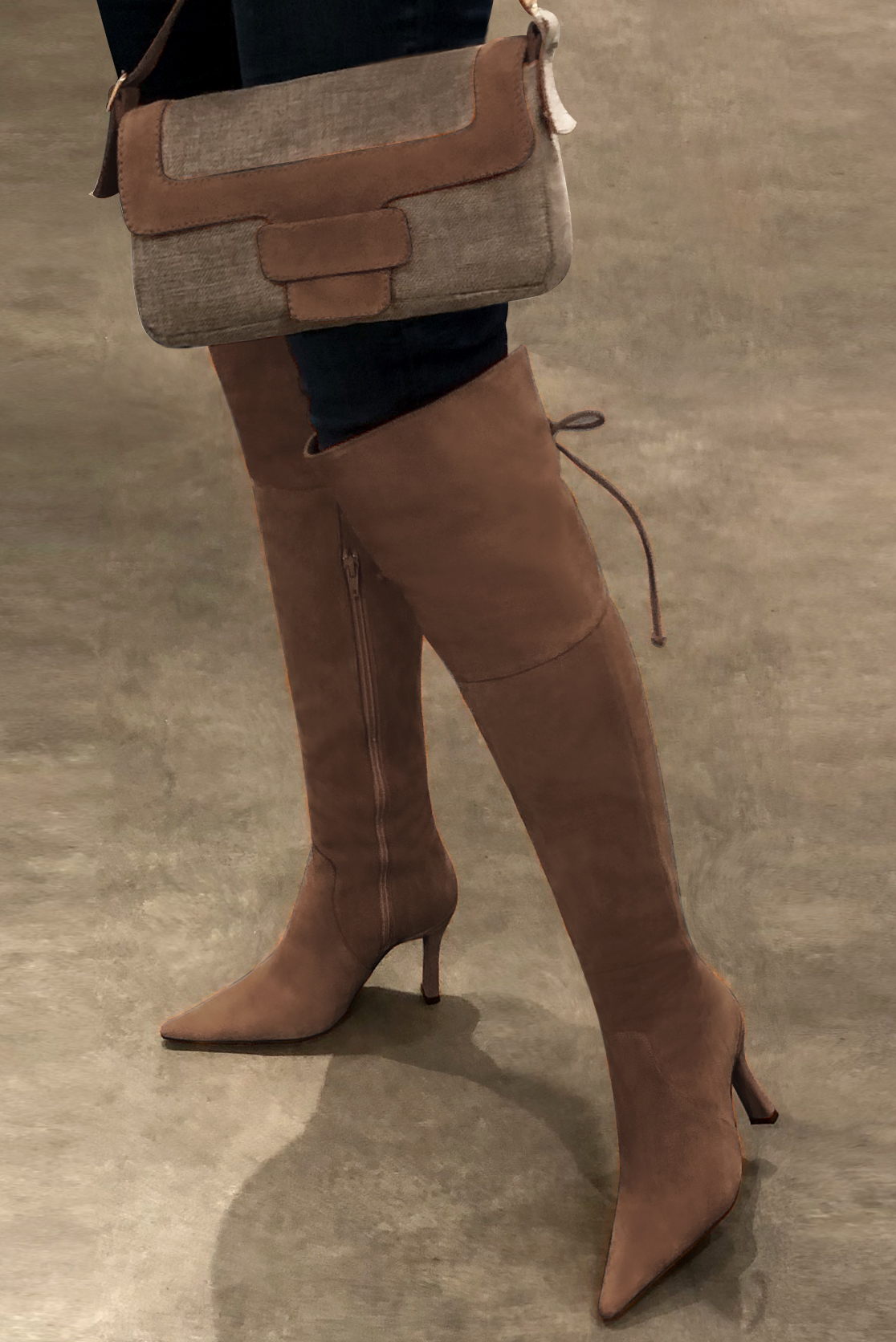 Chocolate brown women's leather thigh-high boots. Pointed toe. Very high spool heels. Made to measure. Worn view - Florence KOOIJMAN
